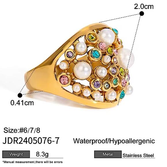 Gold Plated Multicolor Zircon, Pearl Statement Ring - Picture 7 of 7